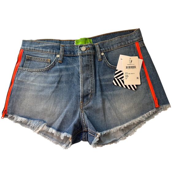 SANDRINE FREE PEOPLE Women's Blue Denim Neon Orange Zip Cut Off Shorts Size 30 - Picture 1 of 5